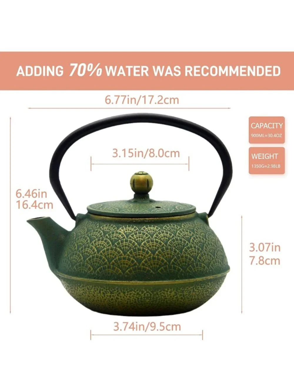 Green Cast Iron Teakettle 900ml Enameled Interior Stovetop Safe Kitchen Teapot